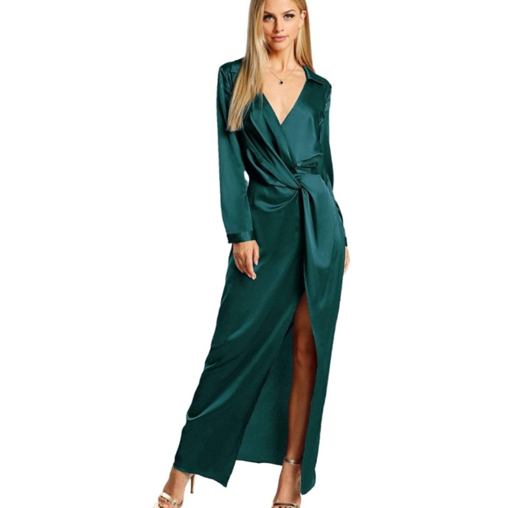 NEW: LONG SLEEVE TWIST WRAP SATIN DRESS